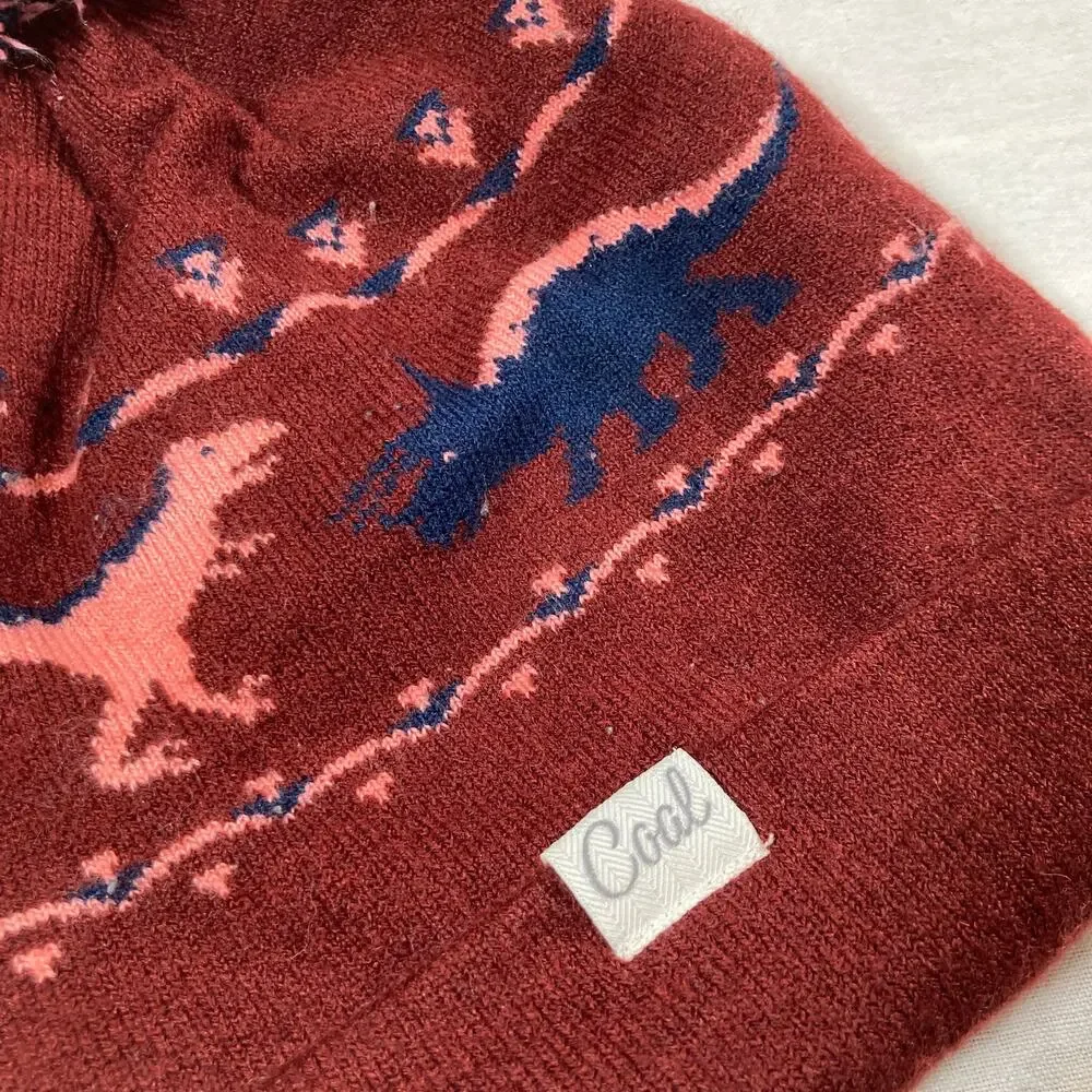 Coal Kids OS Red Dinosaur Winter Beanie Hat Pompom Ski Snowboard Outdoors Maroon